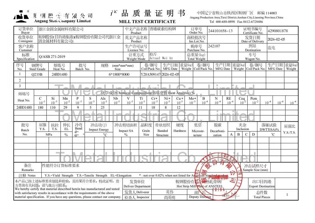 Tometal quality certificates 2