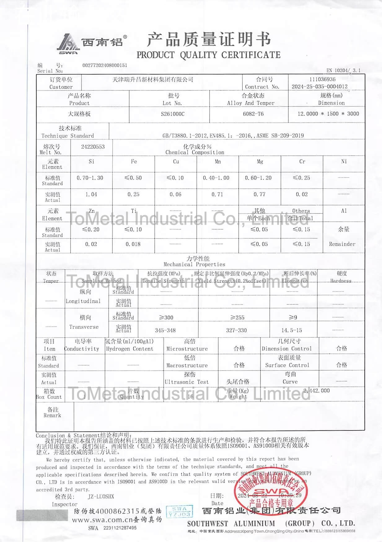 Tometal quality certificates 4