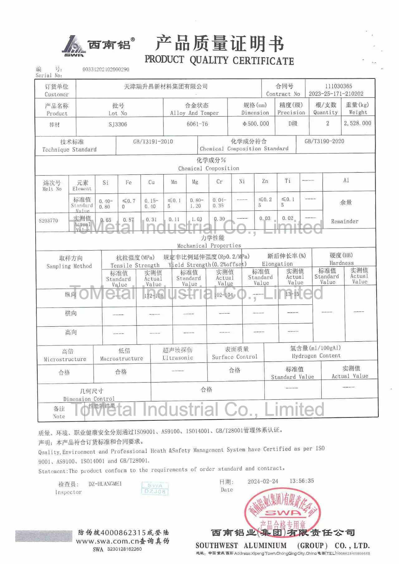 Tometal quality certificates 5